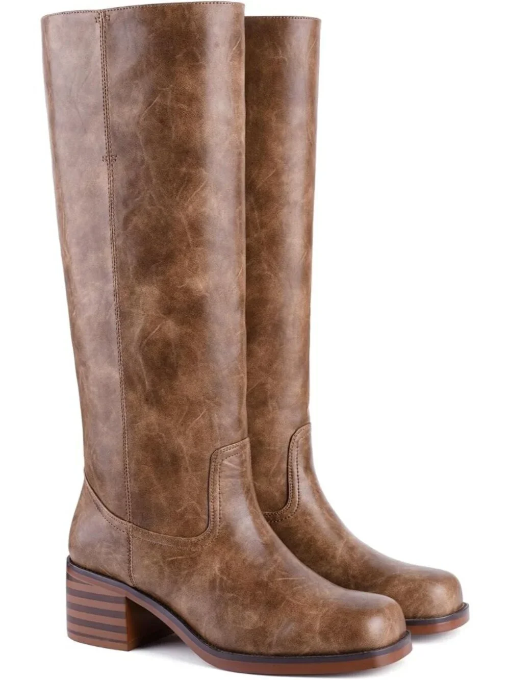 Women's Chocolate Chunky Block Heel Square Toe Going Out Knee High Riding Boots